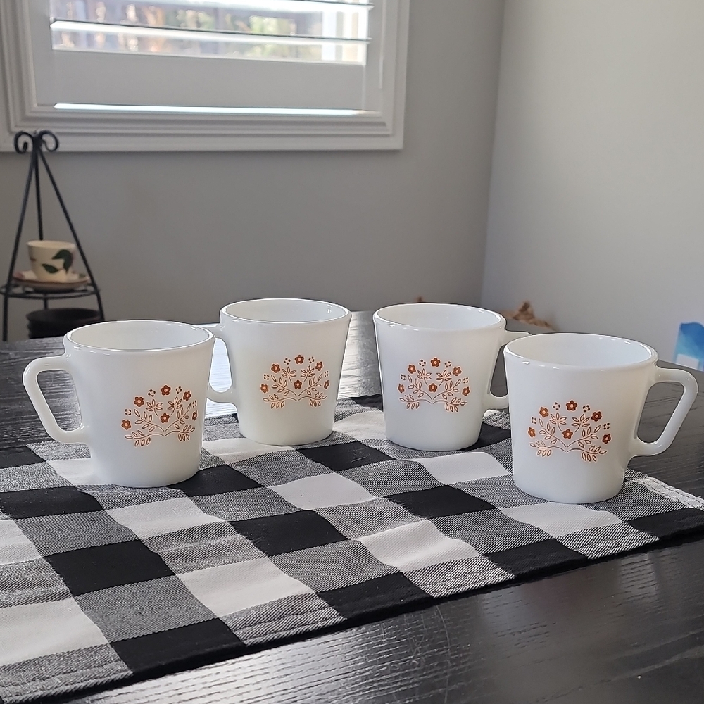 Pyrex White and Orange Floral Mugs Set